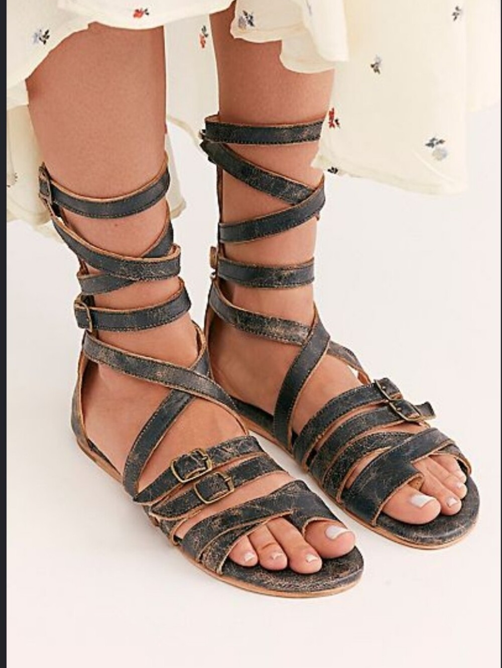 BED|STU For Free People Black Strappy Distressed Leather Gladiator Sandals Shoes